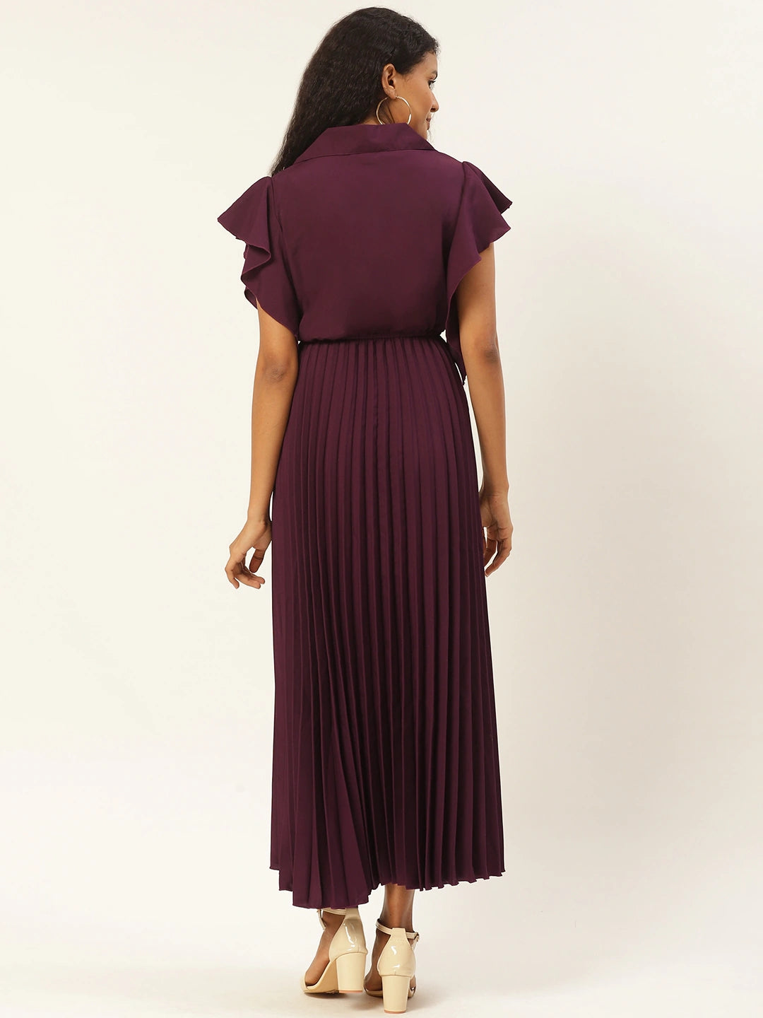 Women Wine-Coloured Accordion Pleated Maxi Dress
