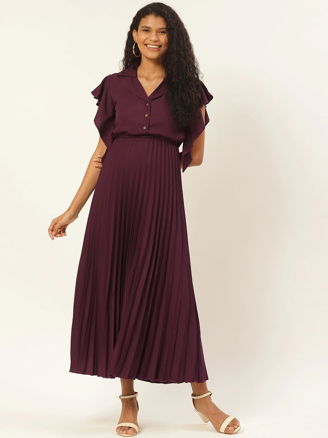 Women Wine-Coloured Accordion Pleated Maxi Dress