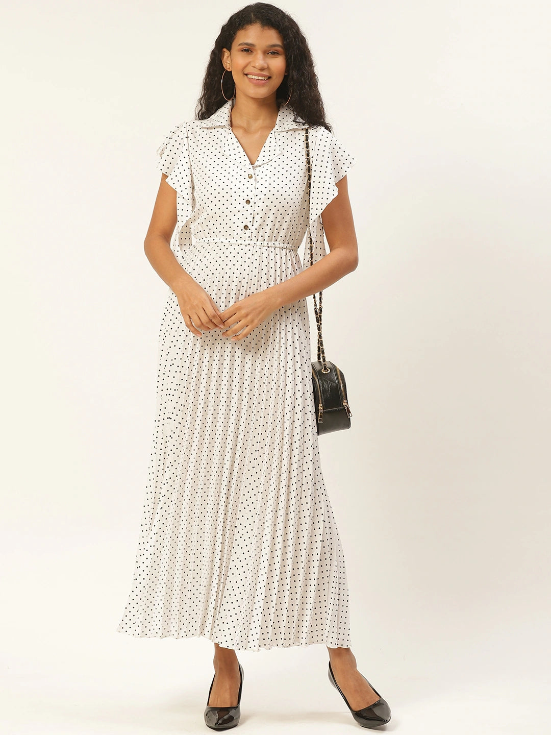 Women White & Black Ditsy Dot Print Accordion Pleated Maxi Dress
