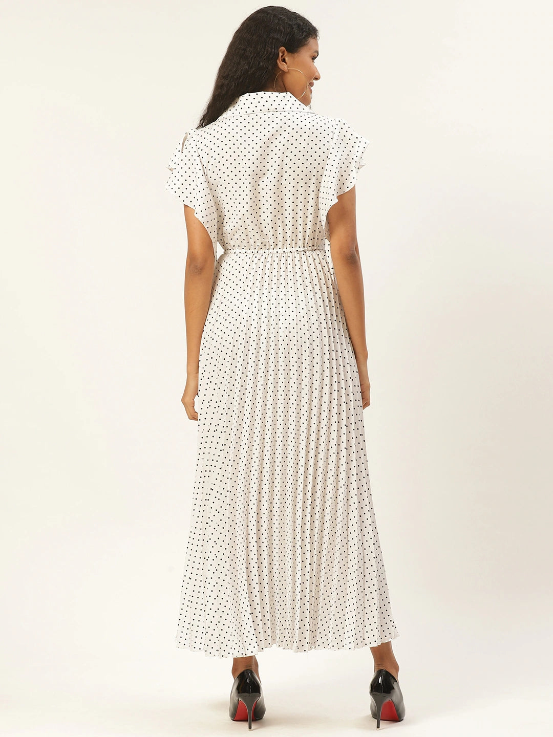 Women White & Black Ditsy Dot Print Accordion Pleated Maxi Dress