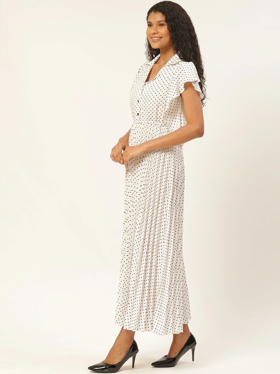 Women White & Black Ditsy Dot Print Accordion Pleated Maxi Dress