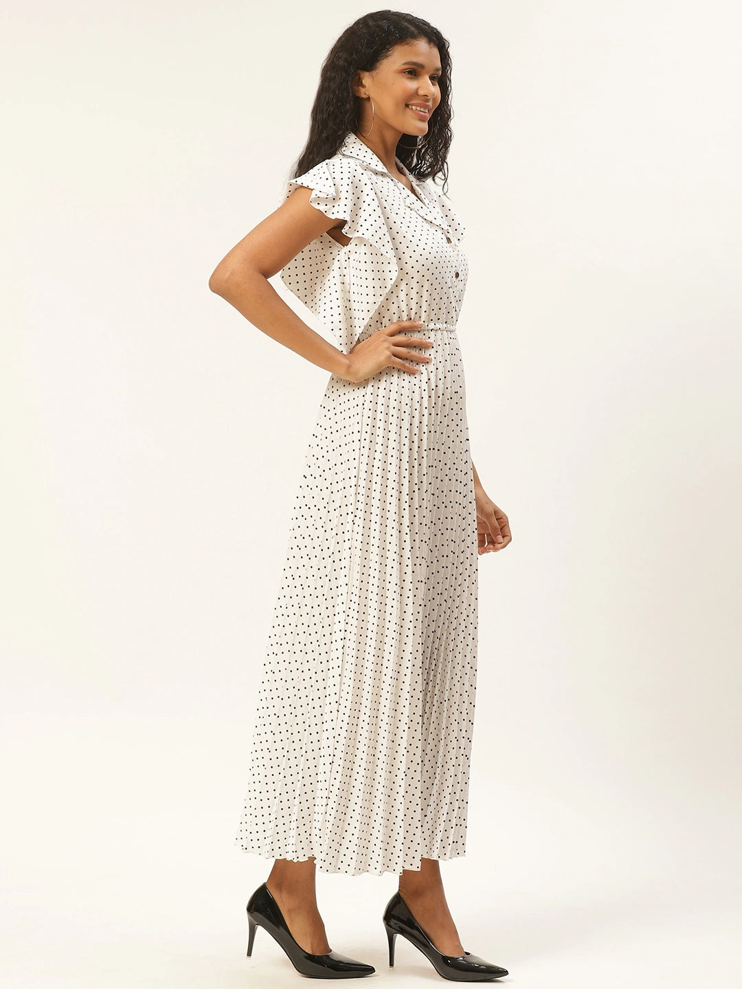 Women White & Black Ditsy Dot Print Accordion Pleated Maxi Dress