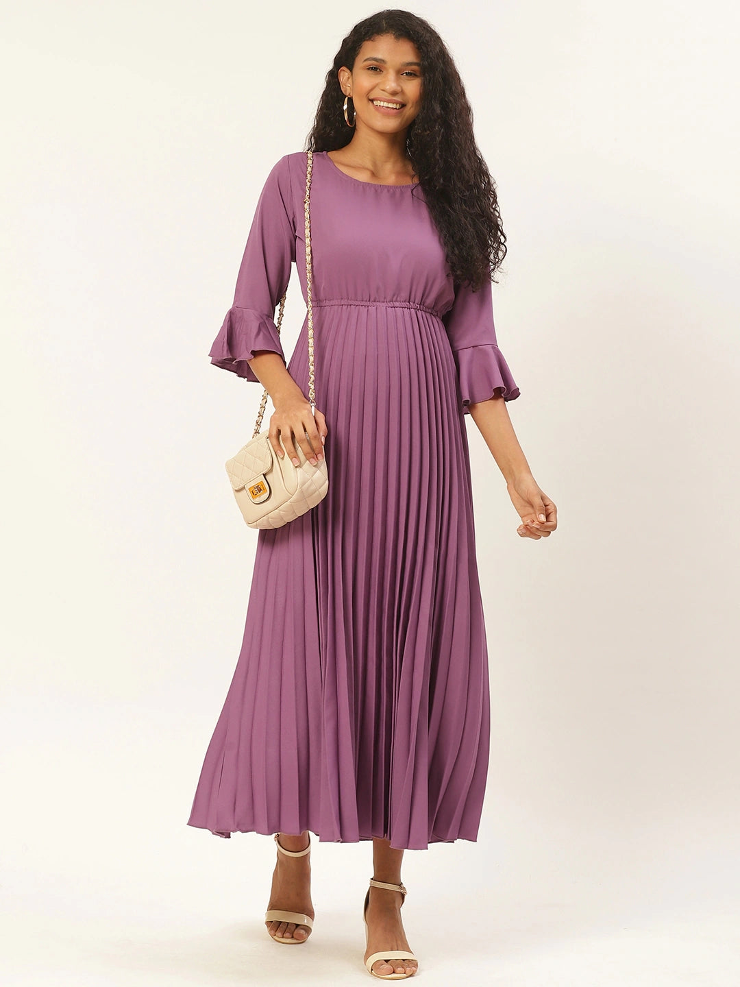 Women Purple Accordion Pleated Maxi Dress