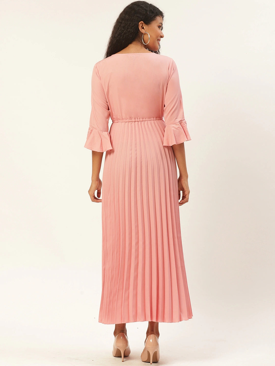 Women Peach-Coloured Solid Accordion Pleated Maxi Dress