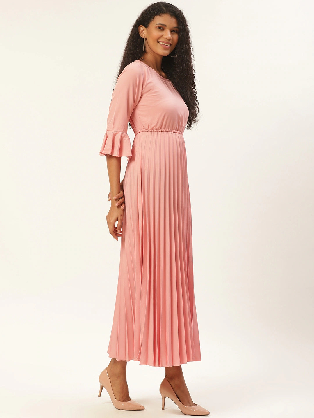 Women Peach-Coloured Solid Accordion Pleated Maxi Dress