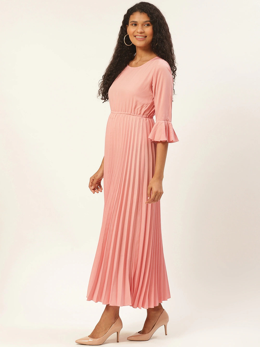 Women Peach-Coloured Solid Accordion Pleated Maxi Dress