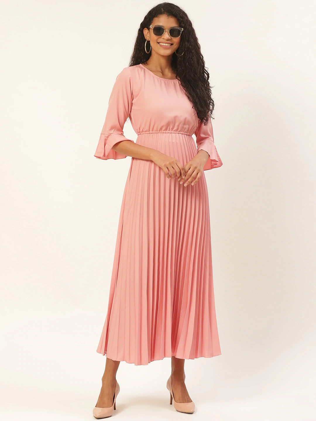 Women Peach-Coloured Solid Accordion Pleated Maxi Dress