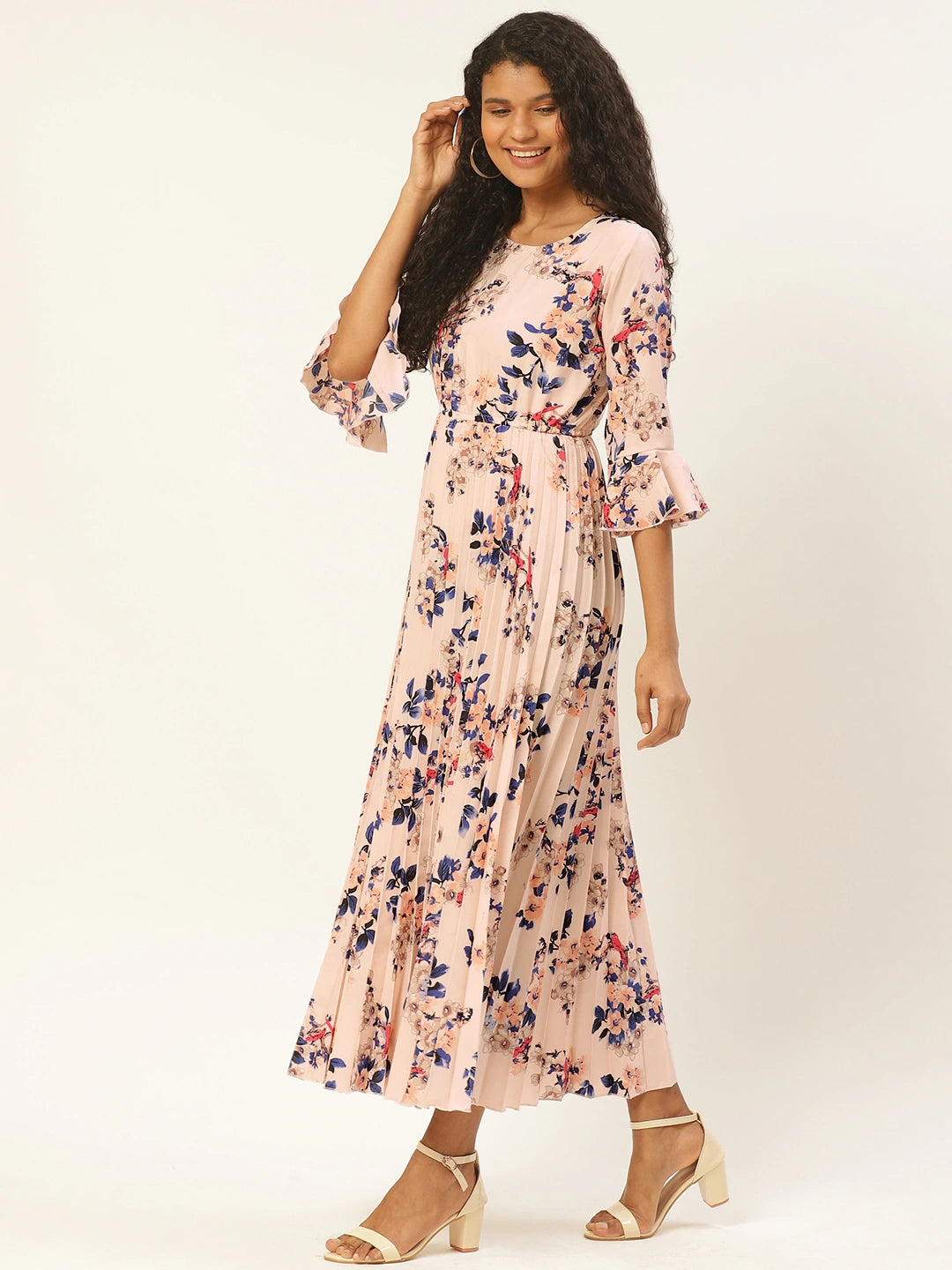 Women Peach-Coloured & Blue Floral Print Accordion Pleated Maxi Dress