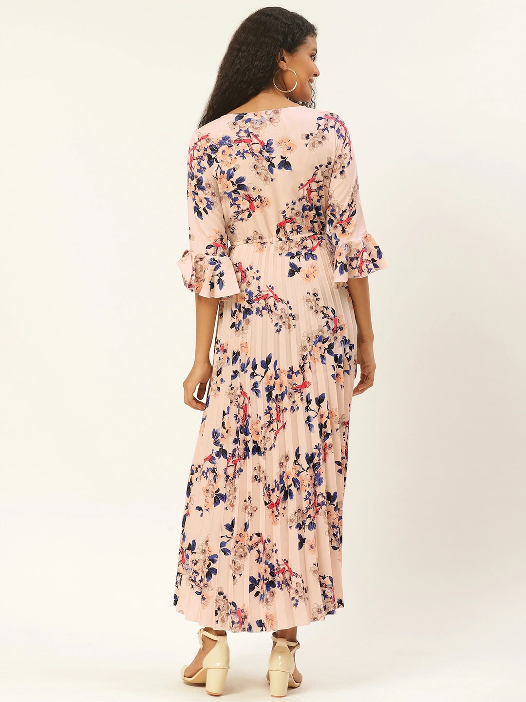 Women Peach-Coloured & Blue Floral Print Accordion Pleated Maxi Dress