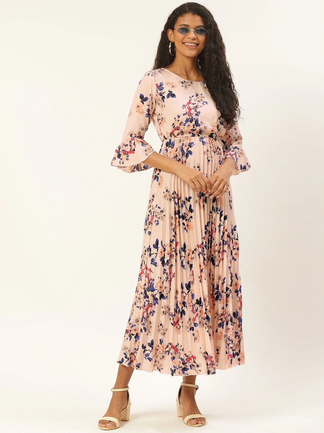 Women Peach-Coloured & Blue Floral Print Accordion Pleated Maxi Dress
