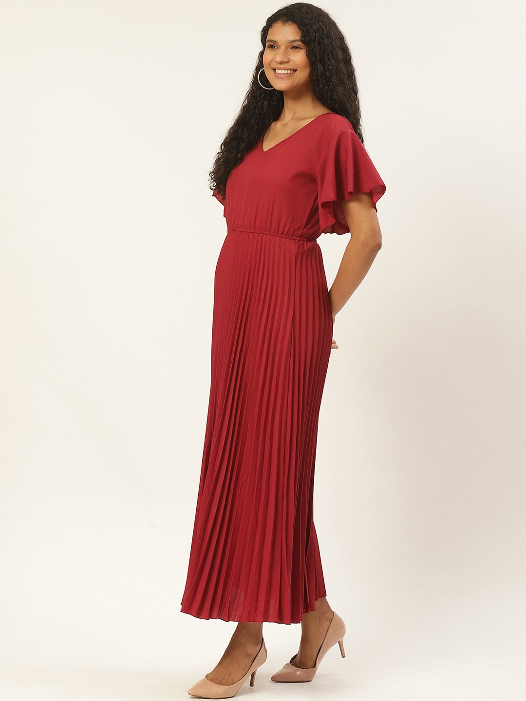 Women Maroon Solid Accordion Pleated Maxi Dress