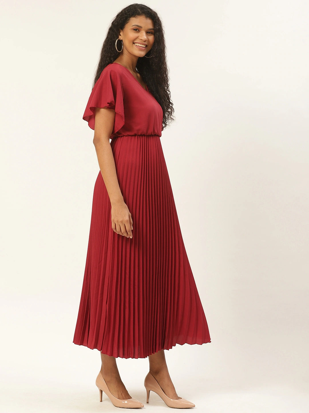 Women Maroon Solid Accordion Pleated Maxi Dress