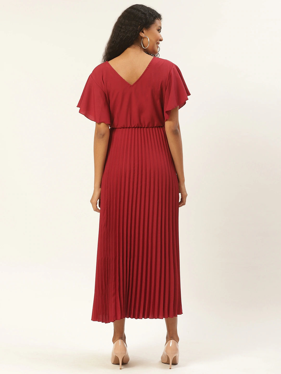Women Maroon Solid Accordion Pleated Maxi Dress