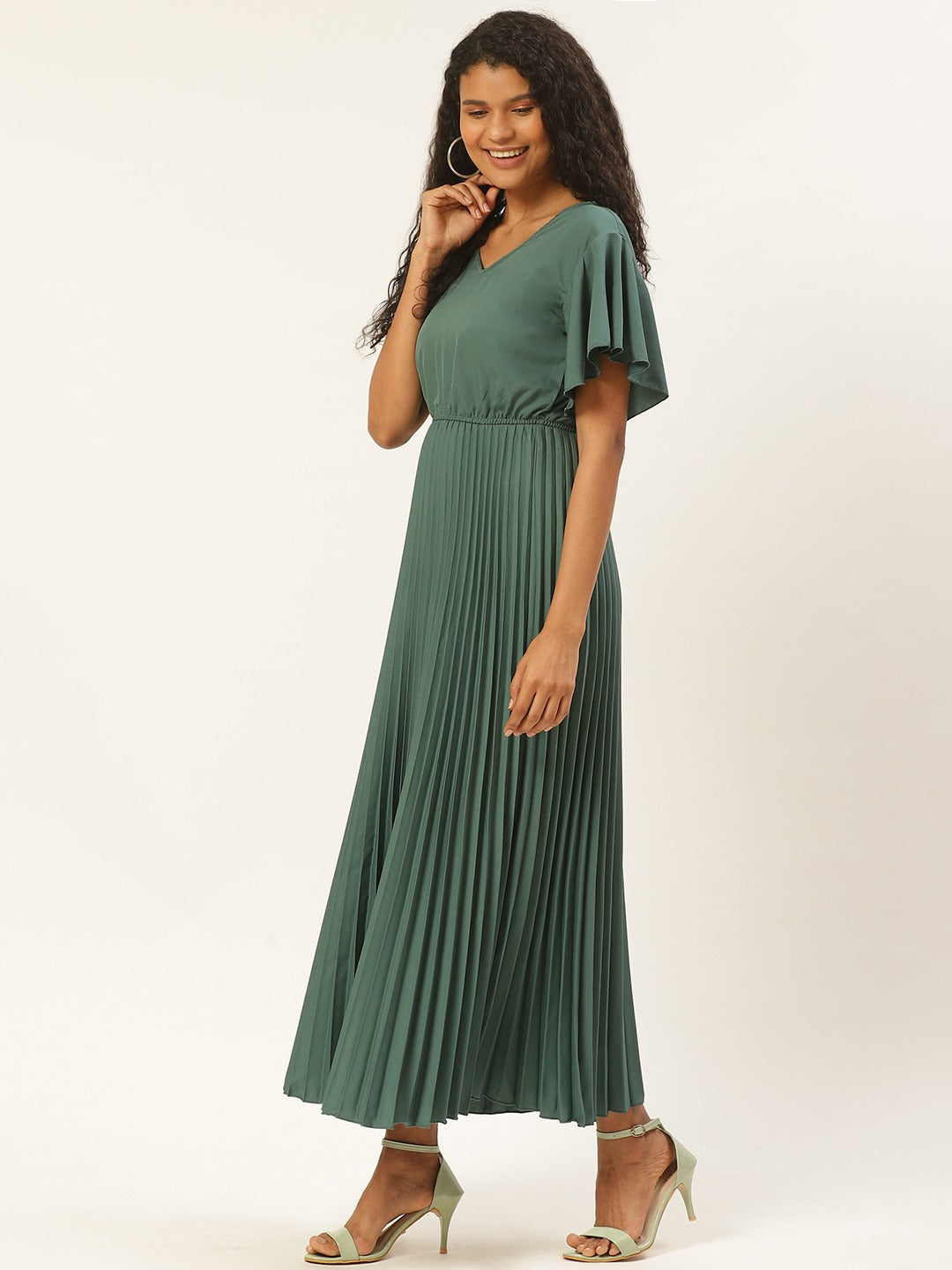 Women Sage Green Solid Accordion Pleated Maxi Dress