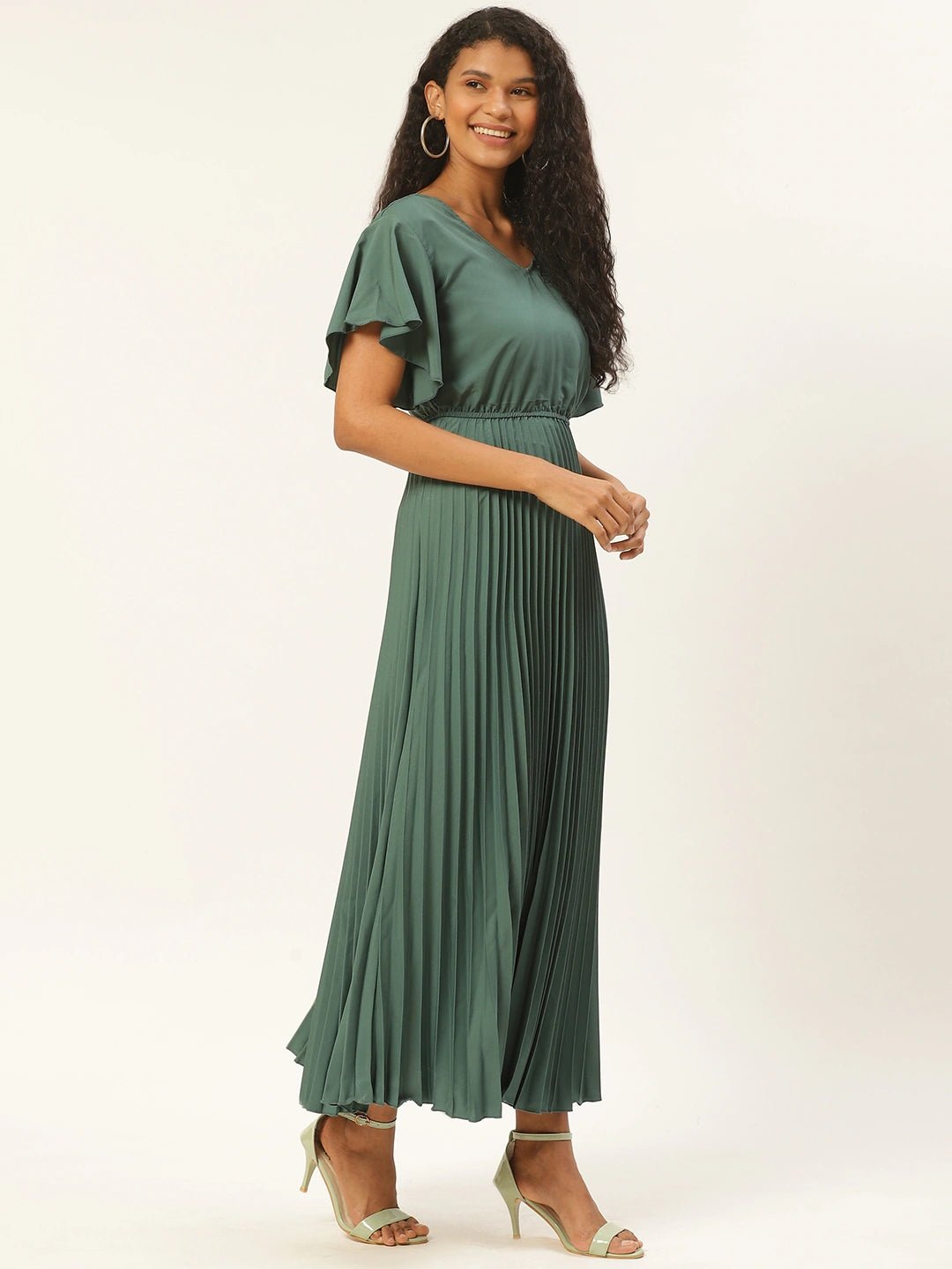 Women Sage Green Solid Accordion Pleated Maxi Dress