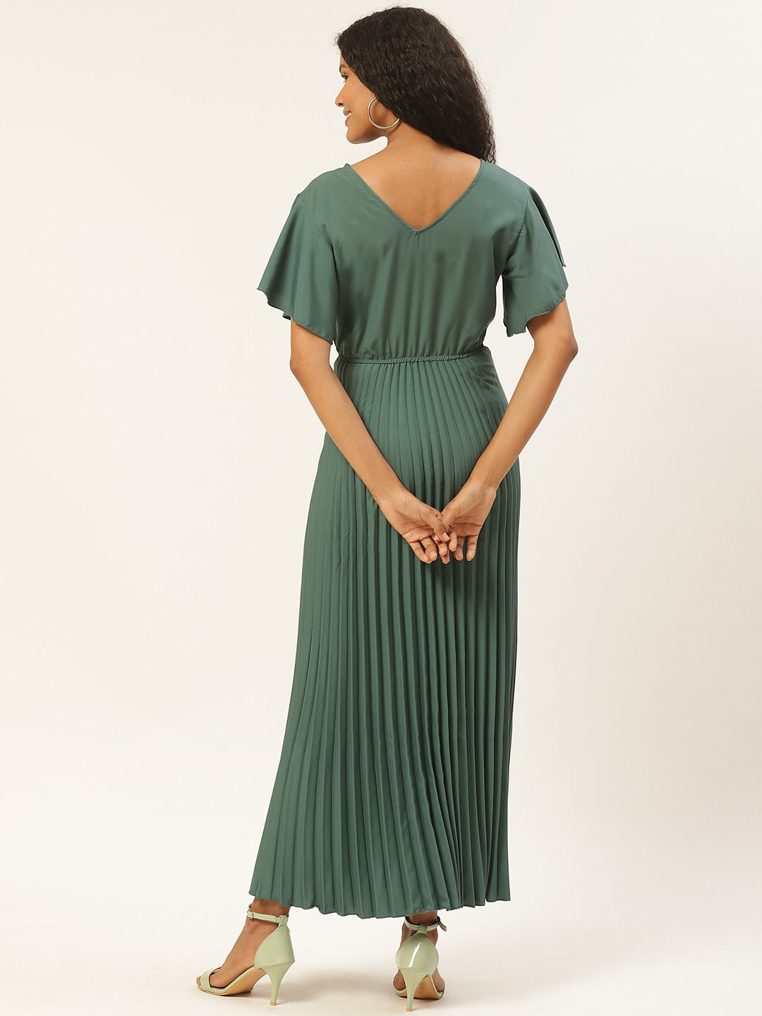 Women Sage Green Solid Accordion Pleated Maxi Dress