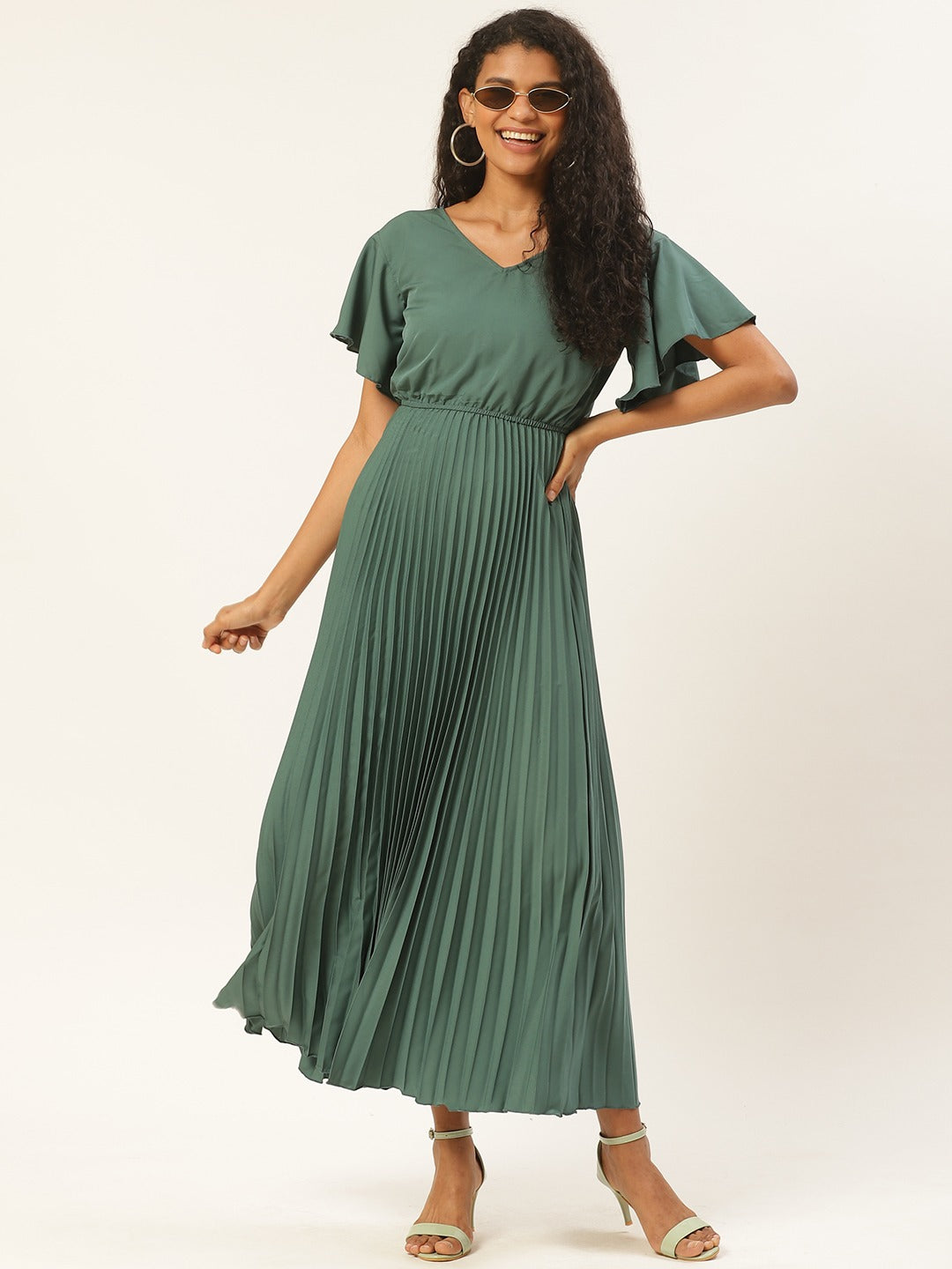 Women Sage Green Solid Accordion Pleated Maxi Dress