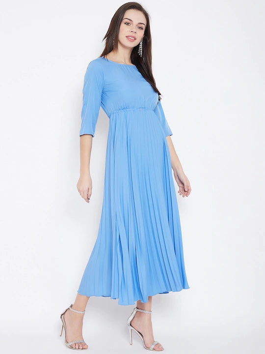 Women Blue Solid Fit and Flare Dress