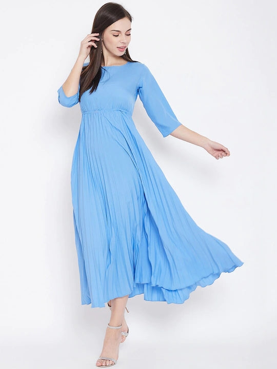 Women Blue Solid Fit and Flare Dress