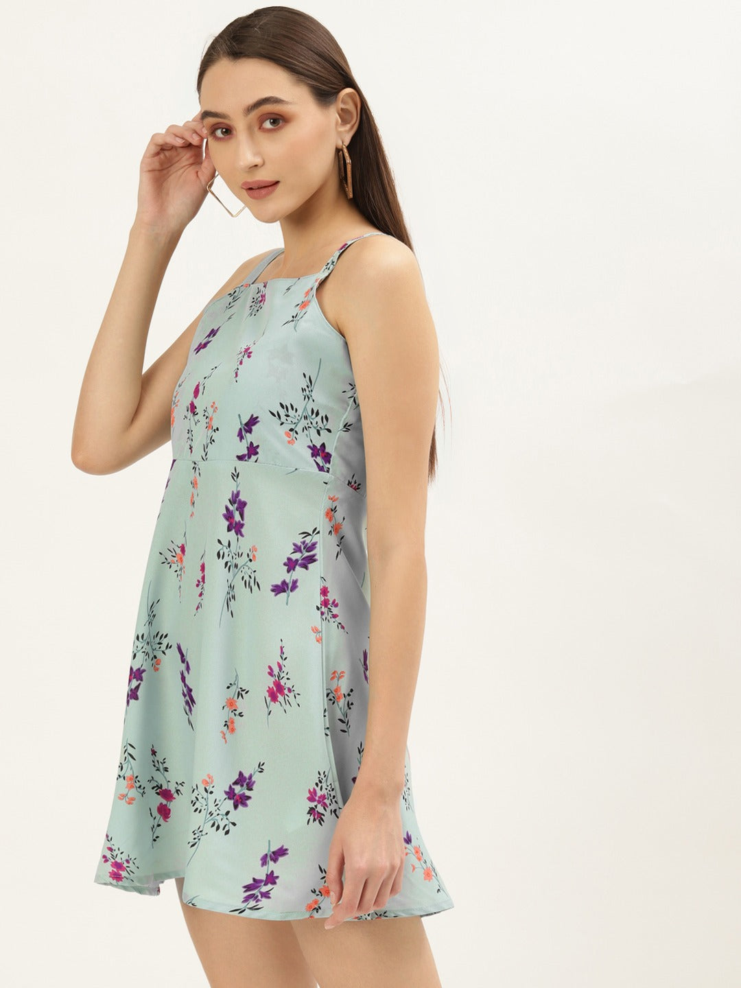 Women Turquoise Blue Floral A-Line Mini Dress