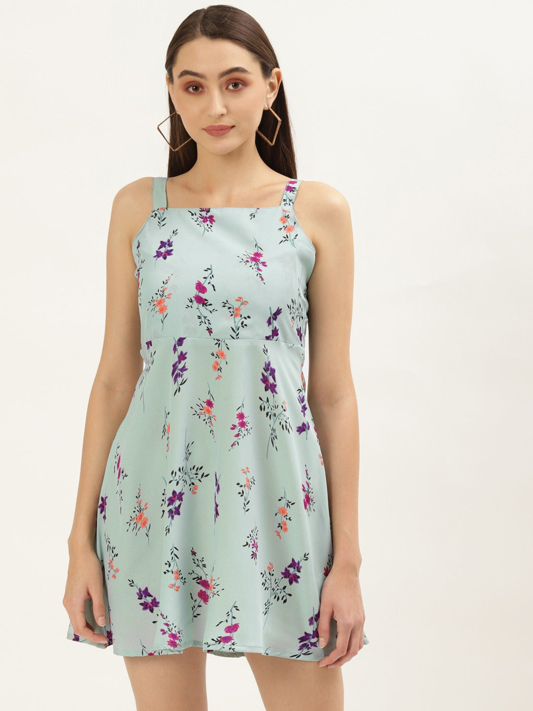 Women Turquoise Blue Floral A-Line Mini Dress