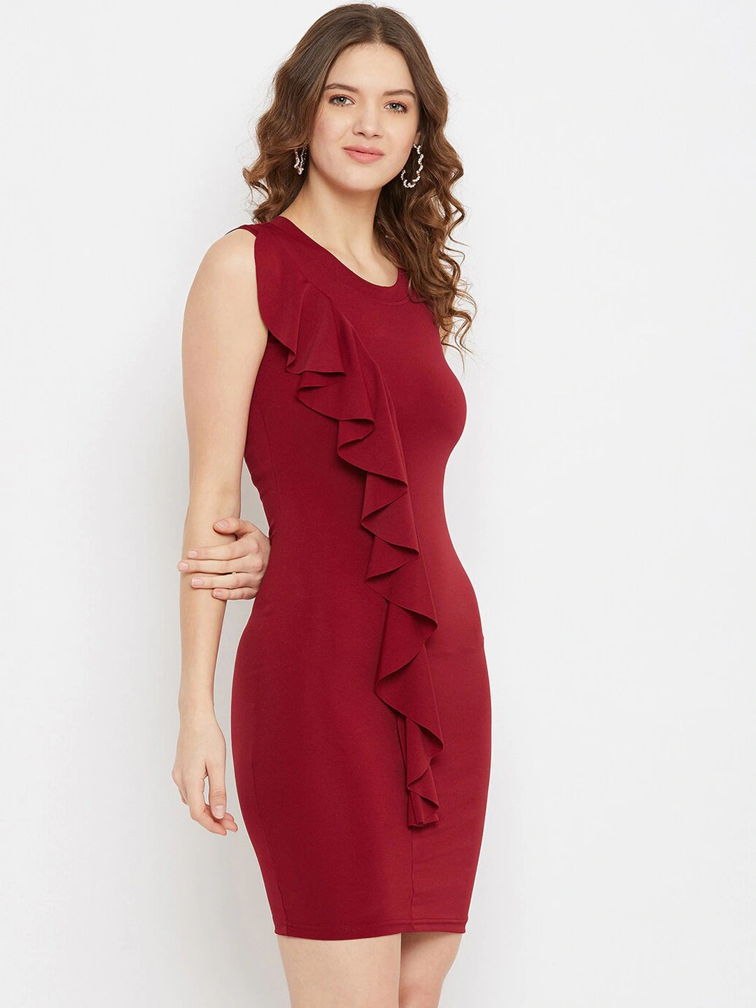 Women Maroon Solid Bodycon Dress