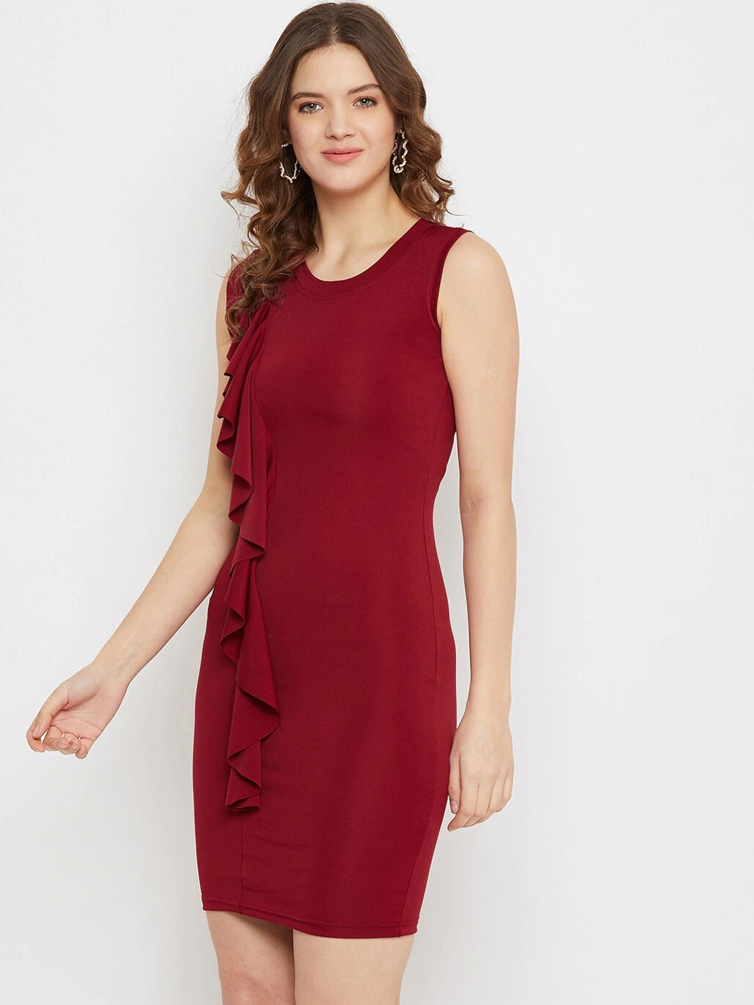 Women Maroon Solid Bodycon Dress