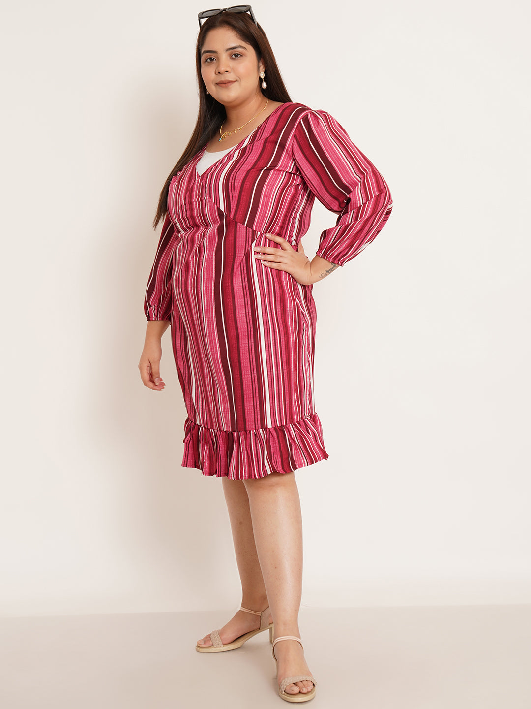 Women Plus Size Pink & white Striped A-Line Dress