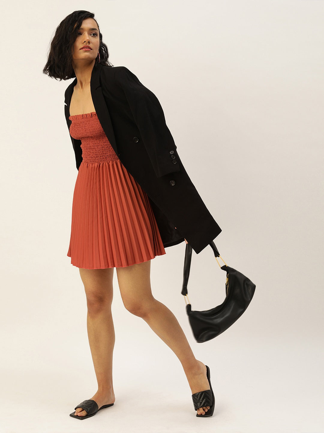 Women Brown Self Design Fit and Flare Dress