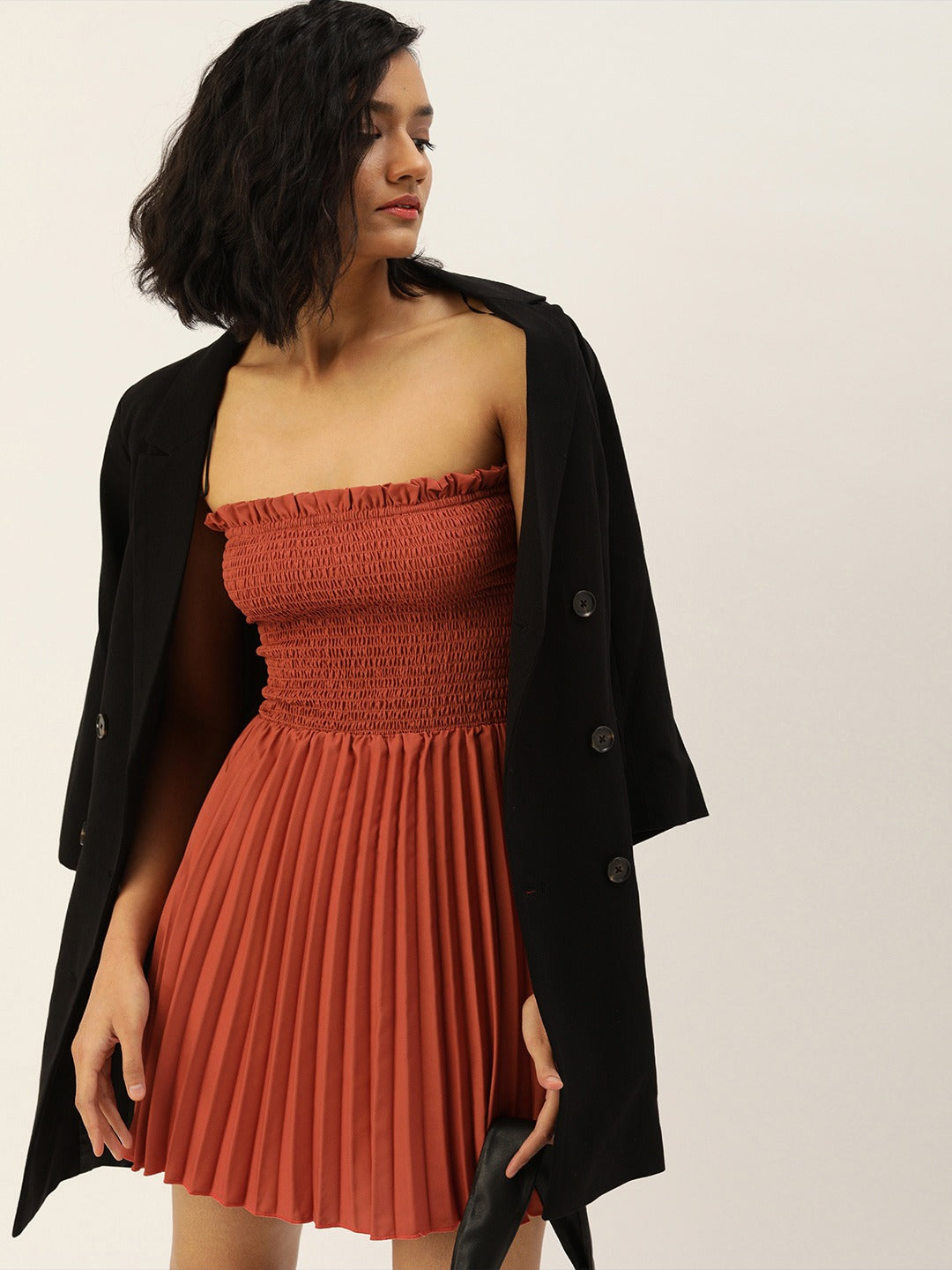 Women Brown Self Design Fit and Flare Dress