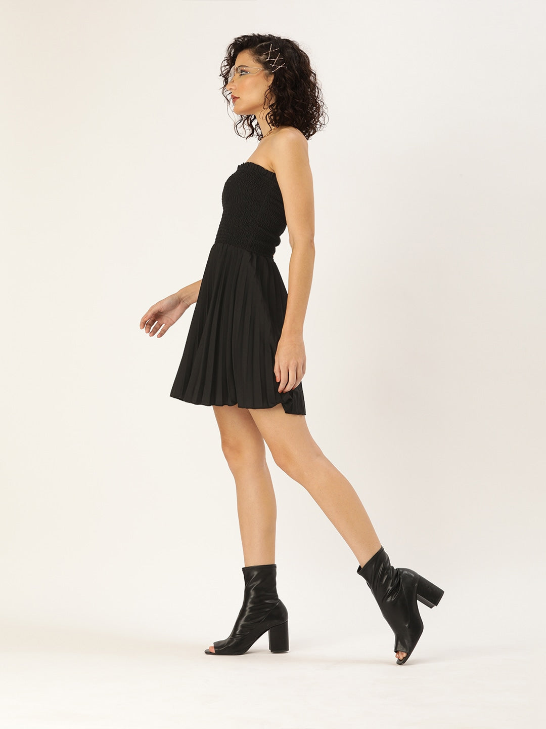 Women Black Solid Off-shoulder Accordion Pleated Fit and Flare Dress