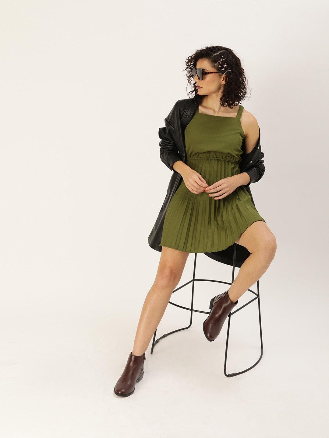 Women Olive Green Solid Accordion Pleated A-Line Dress