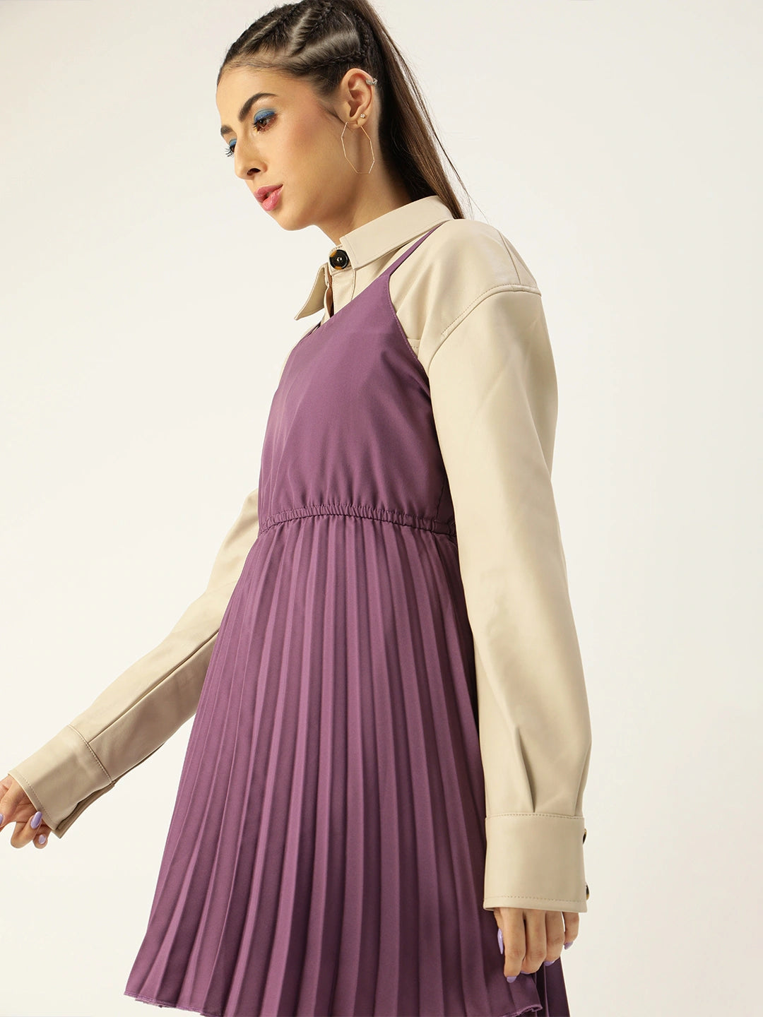 Women Purple Solid Accordion Pleated Shoulder Strap Fit and Flare Dress