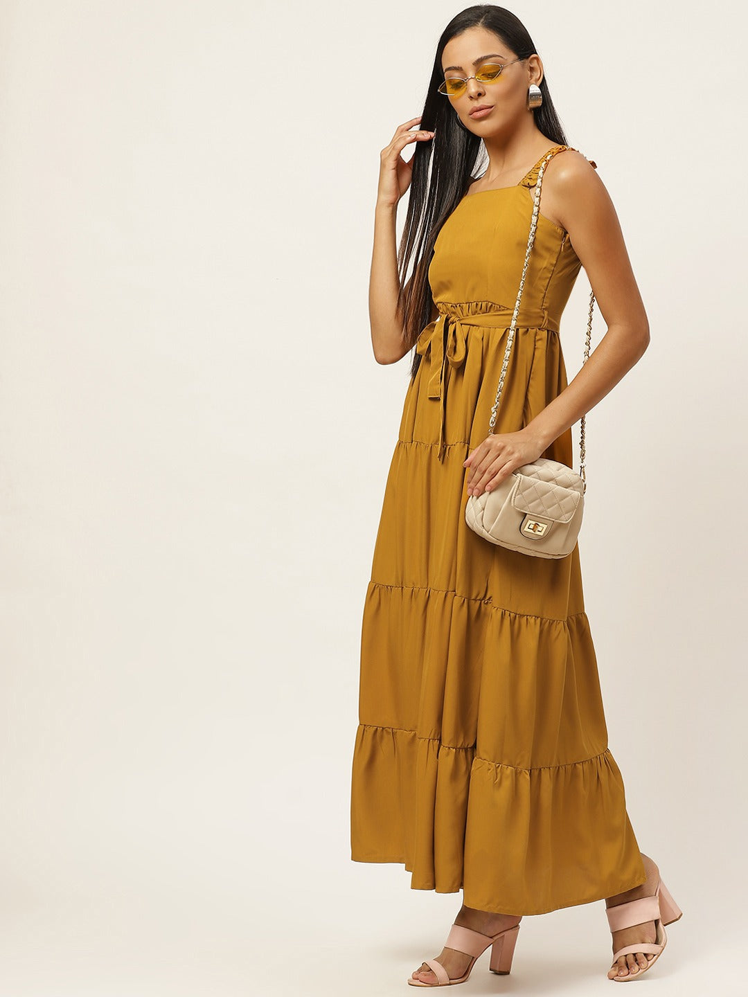 Women Mustard Yellow Solid Tiered Maxi Dress with Belt