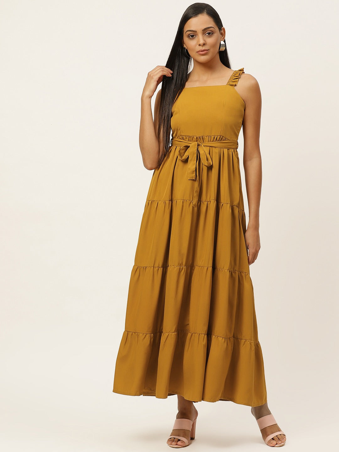 Women Mustard Yellow Solid Tiered Maxi Dress with Belt