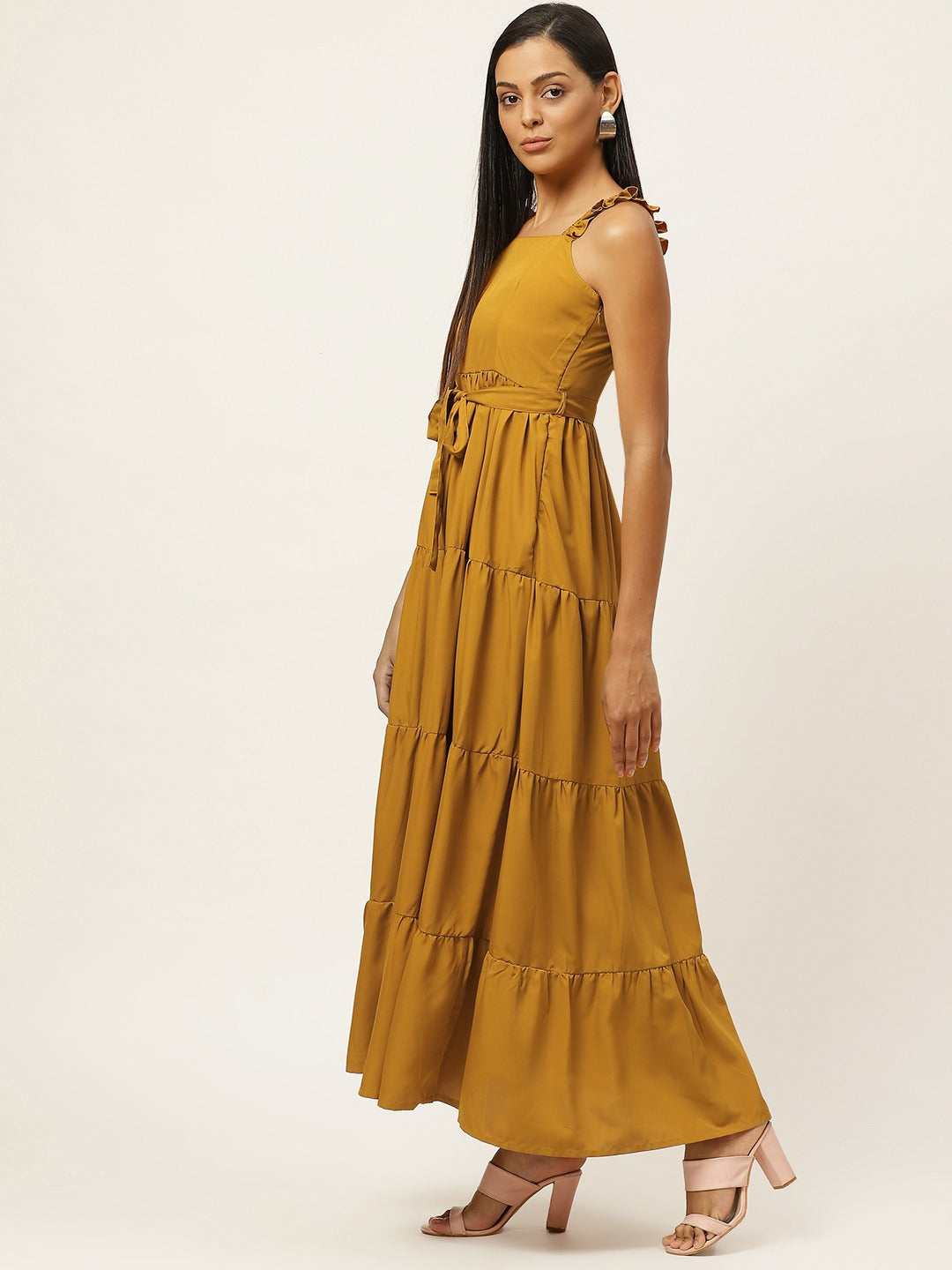 Women Mustard Yellow Solid Tiered Maxi Dress with Belt