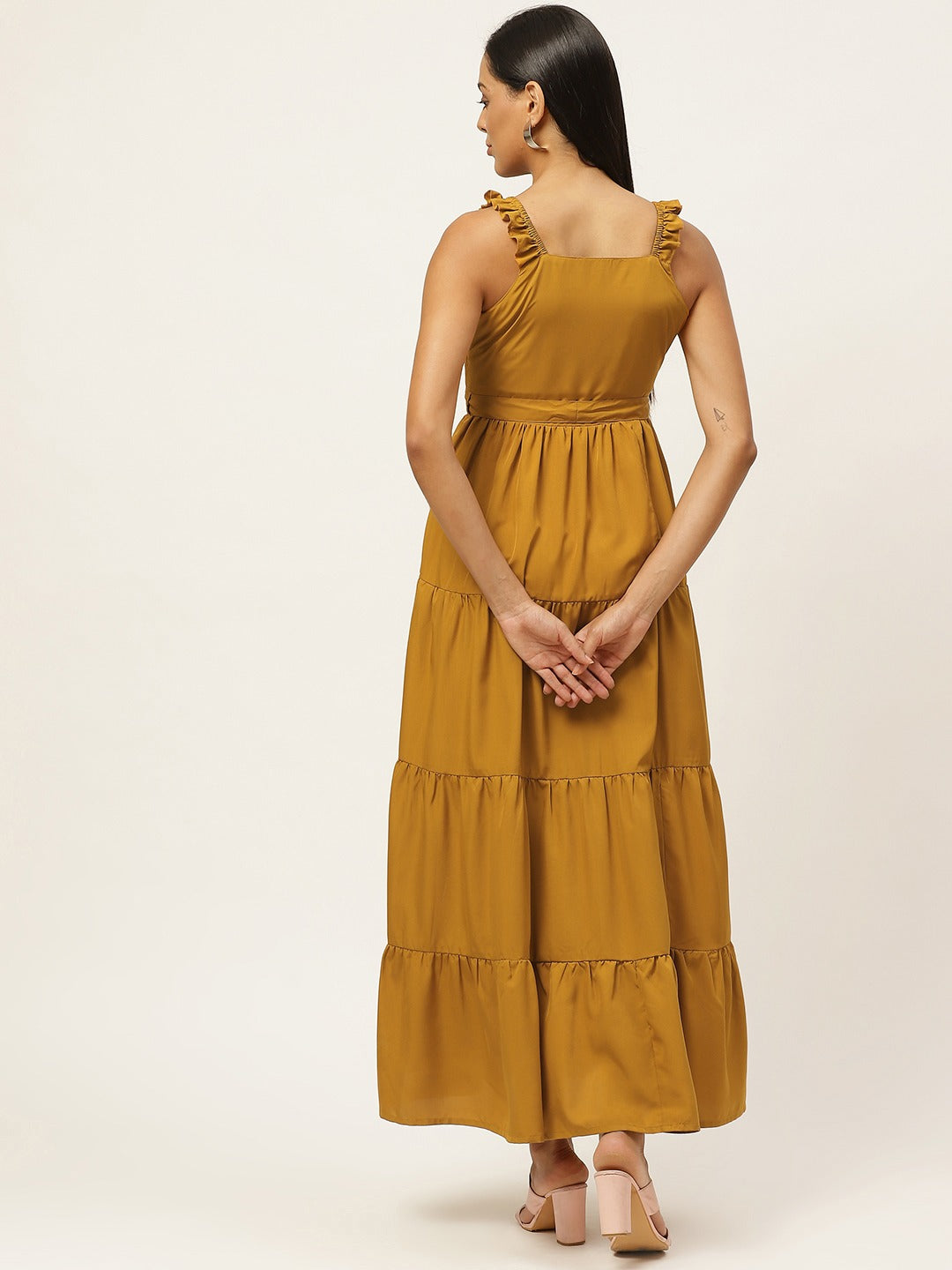 Women Mustard Yellow Solid Tiered Maxi Dress with Belt