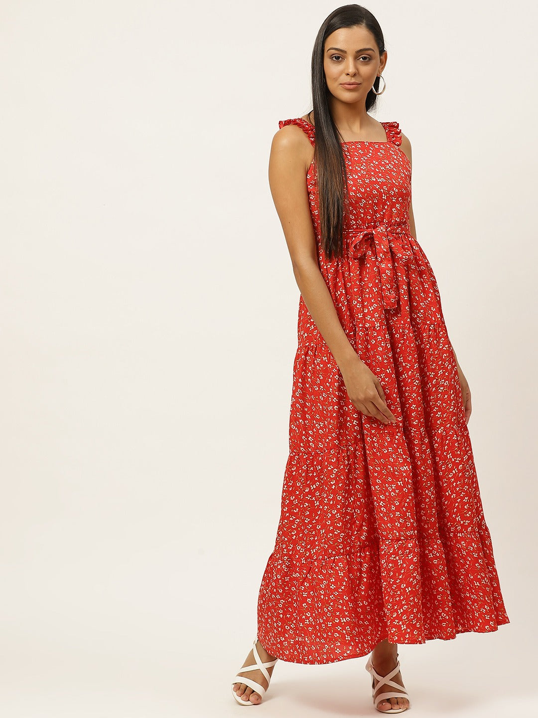 Women Red Floral Printed Tiered A-Line Dress