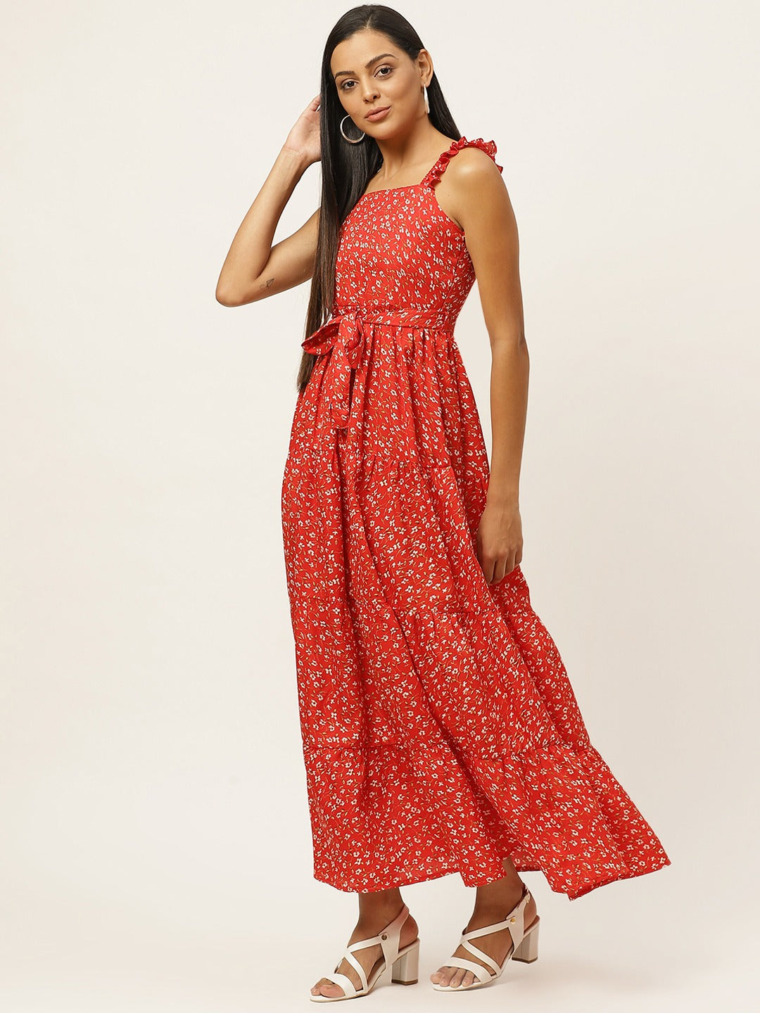 Women Red Floral Printed Tiered A-Line Dress