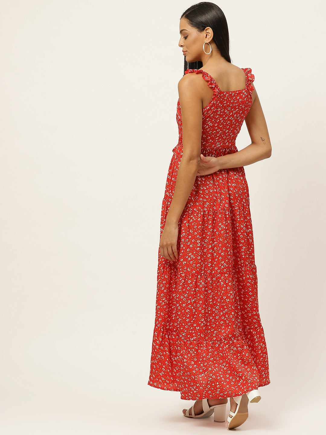 Women Red Floral Printed Tiered A-Line Dress