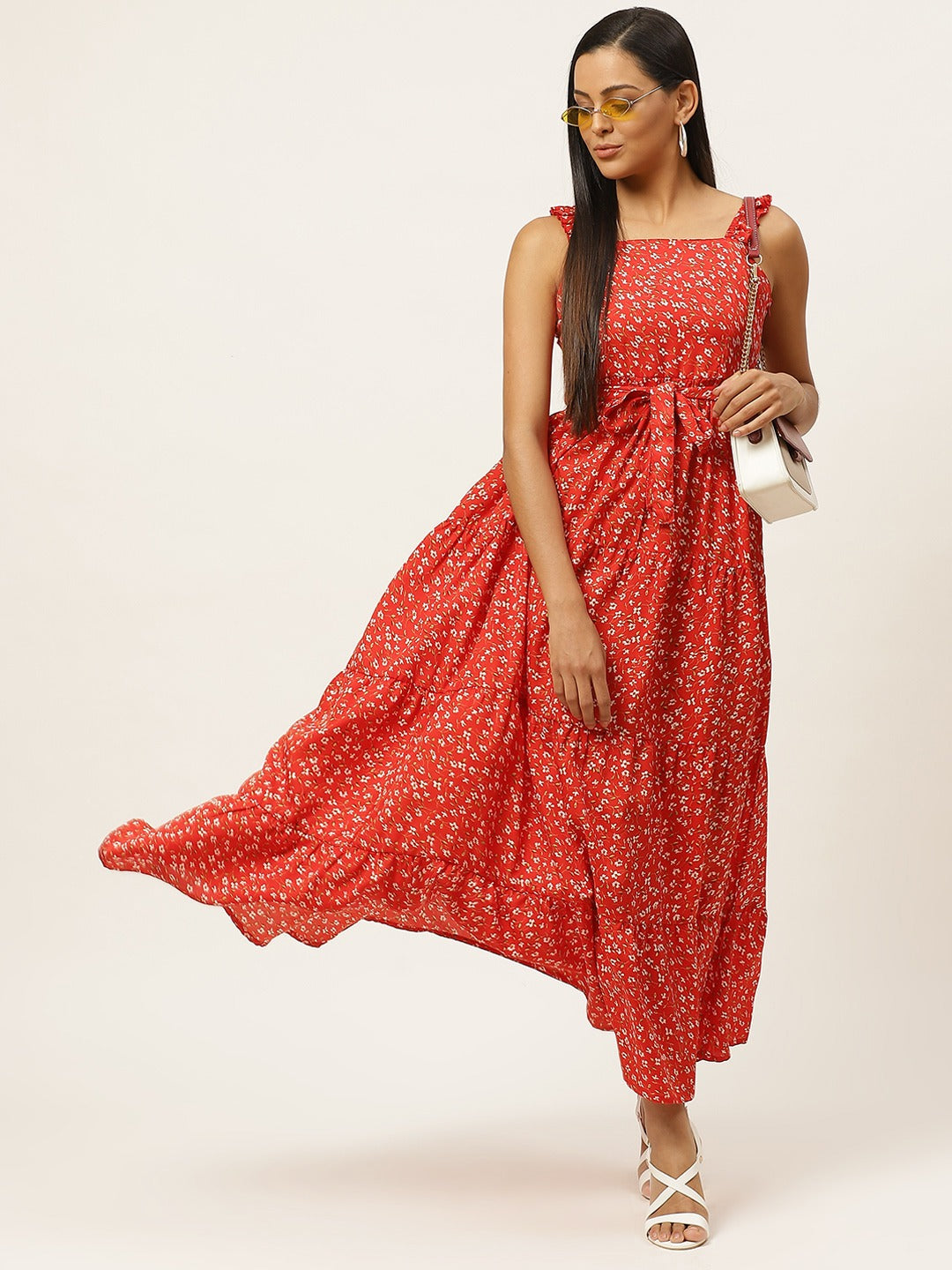 Women Red Floral Printed Tiered A-Line Dress