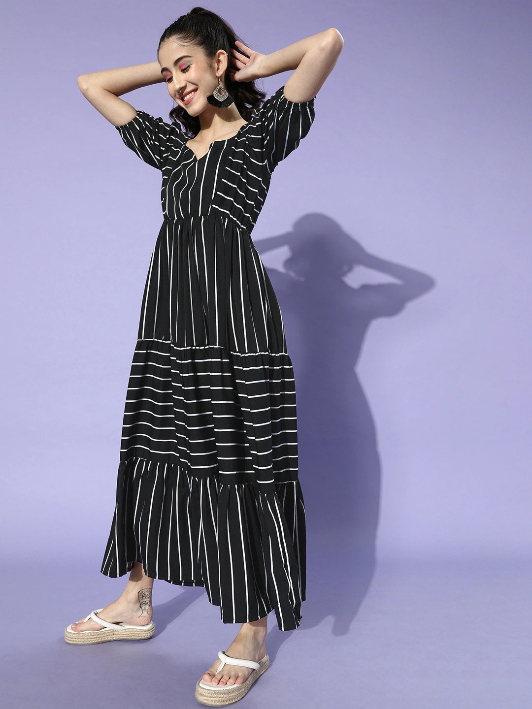 Women Black & White Striped Crepe Maxi Dress