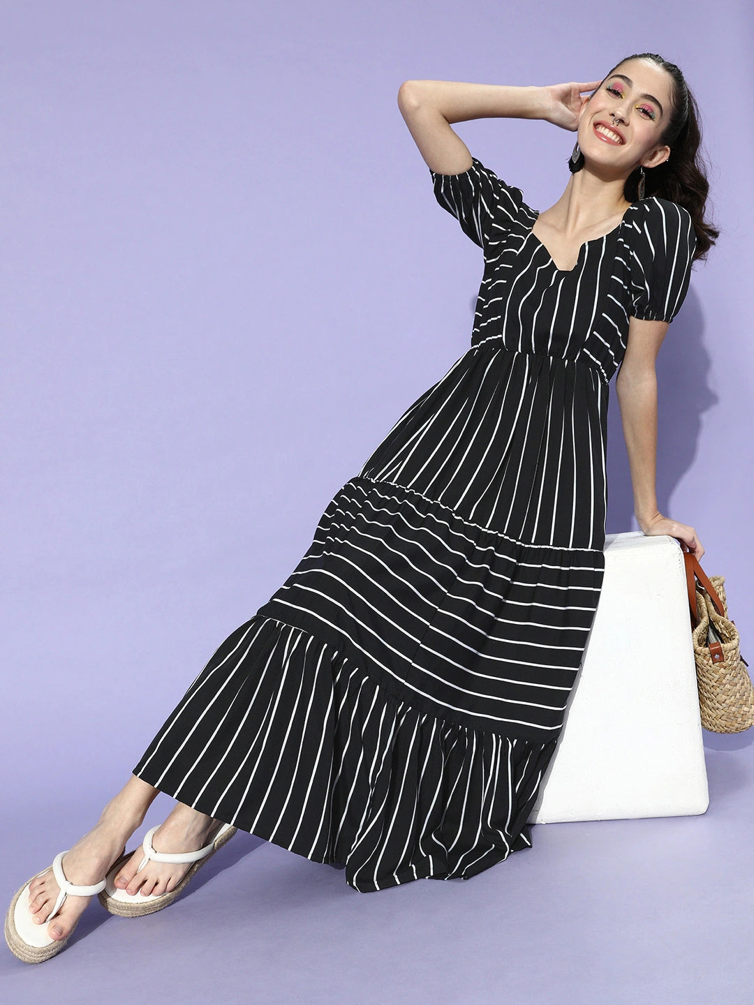 Women Black & White Striped Crepe Maxi Dress