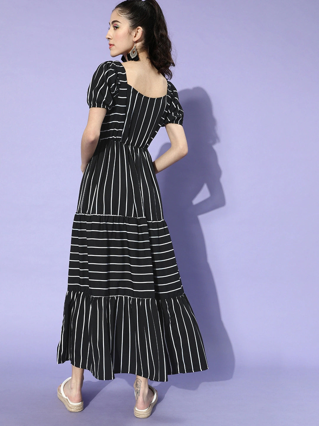 Women Black & White Striped Crepe Maxi Dress