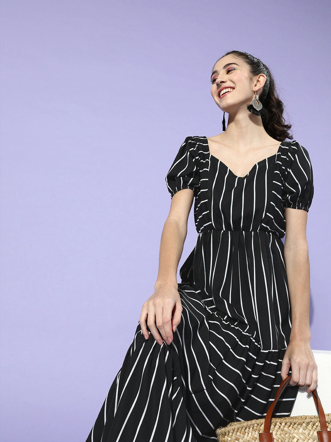 Women Black & White Striped Crepe Maxi Dress