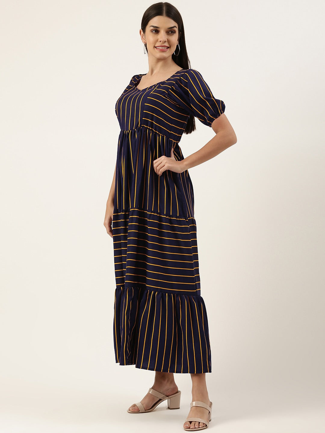 Women Striped Crepe Sweetheart Neck Puff Sleeves Tiered Maxi Dress
