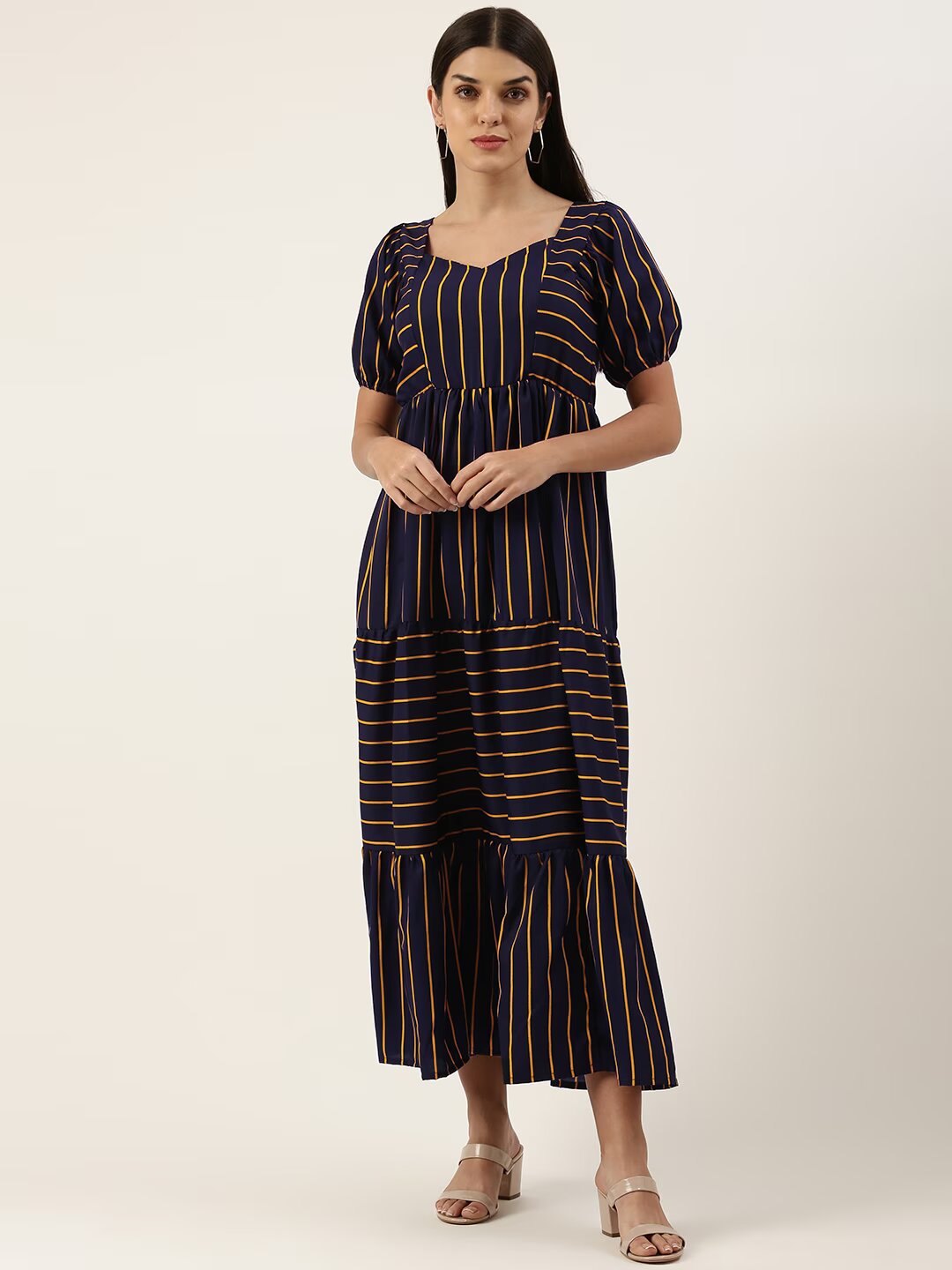 Women Striped Crepe Sweetheart Neck Puff Sleeves Tiered Maxi Dress