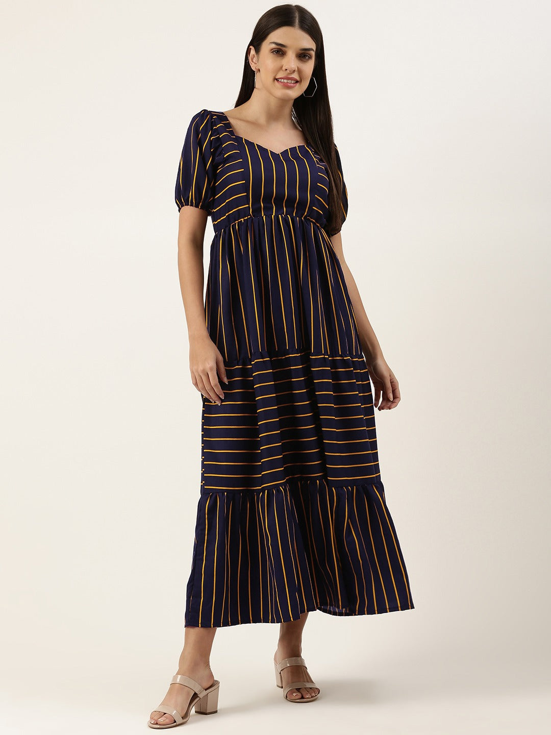 Women Striped Crepe Sweetheart Neck Puff Sleeves Tiered Maxi Dress