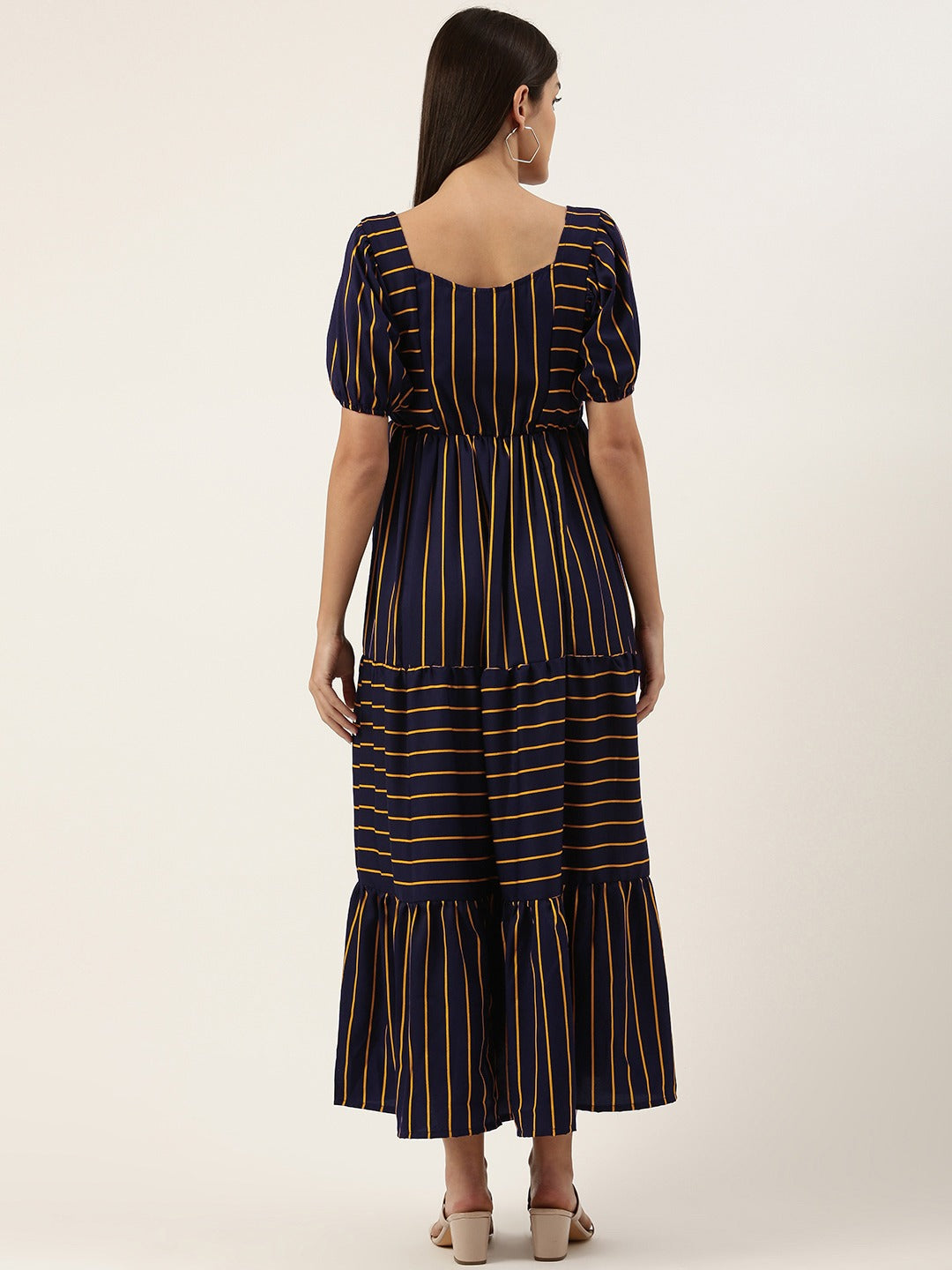Women Striped Crepe Sweetheart Neck Puff Sleeves Tiered Maxi Dress