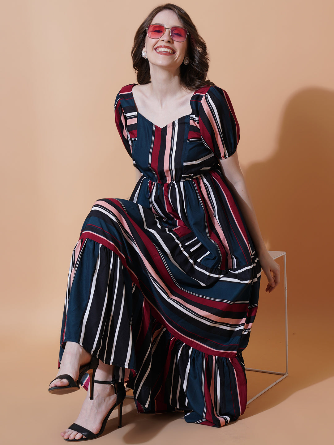 Women Multi coloured Striped Crepe Fit & Flare Midi Dress